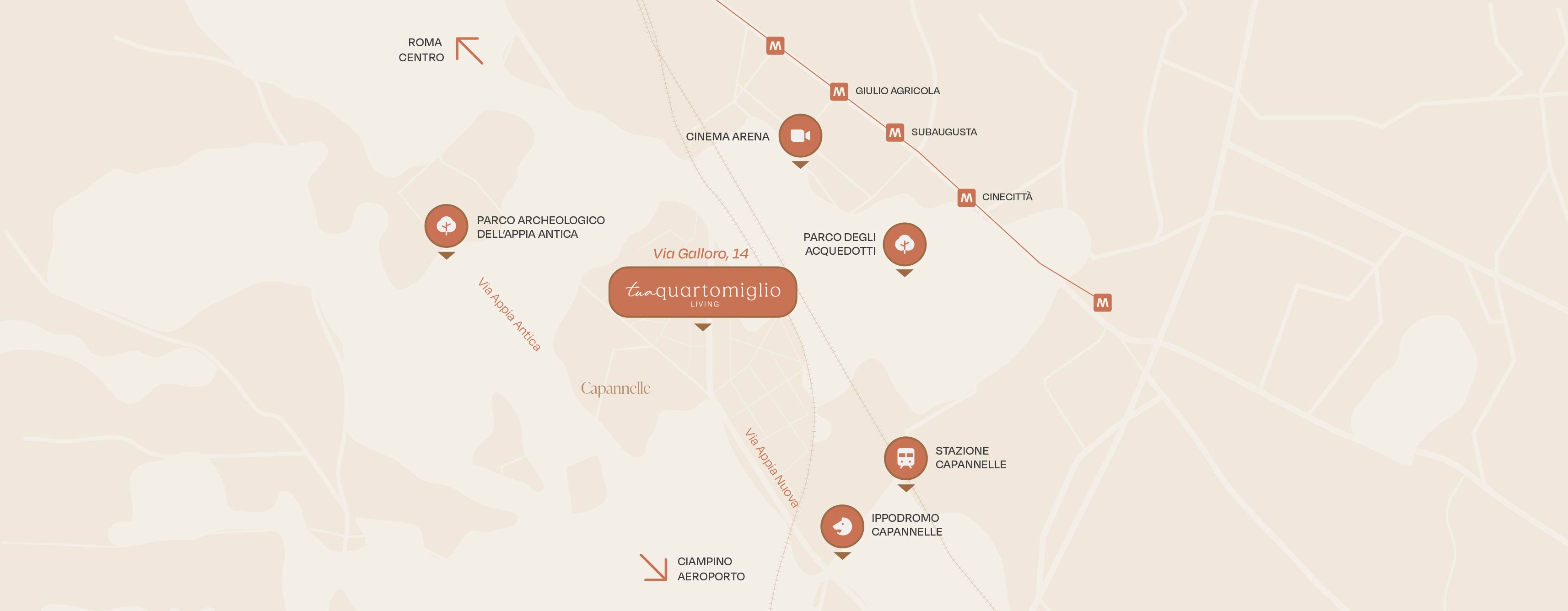 Map showing tua quartomiglio living location with nearby parks, metro stations, train station, and airport arrows.