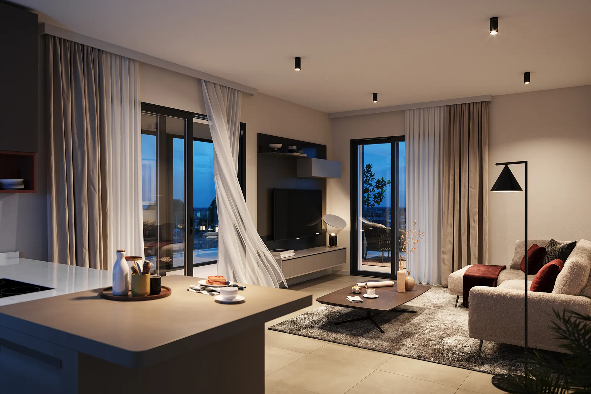 Modern living room with beige sofa, dark wood coffee table, floor lamp, and glass doors with curtains.