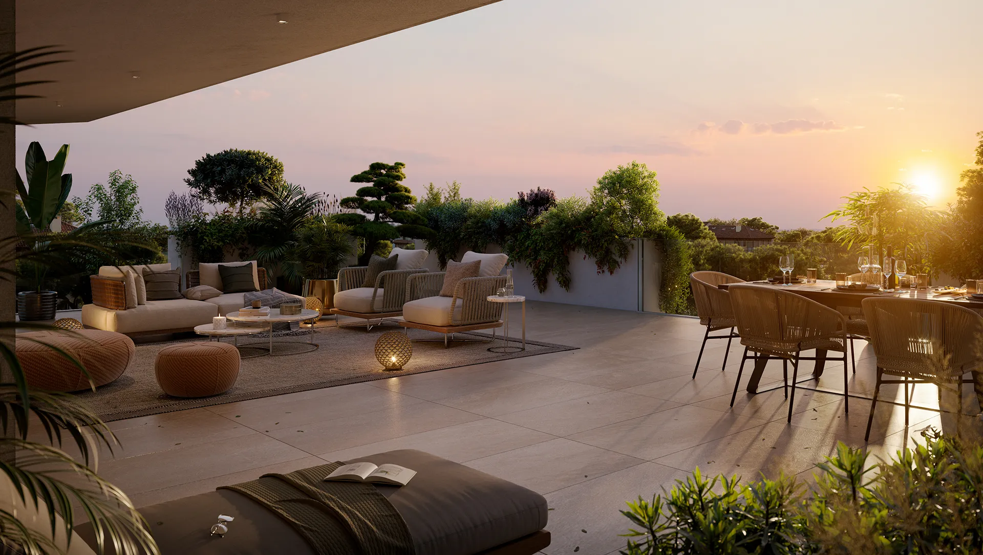 Sunset on a spacious rooftop patio with seating area, dining table, plants, and modern outdoor furniture.