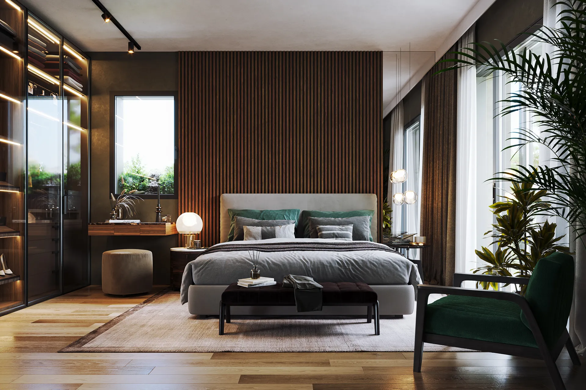 Modern bedroom with king bed, wood slat wall, green cushions, glass closet, and a green armchair by window.
