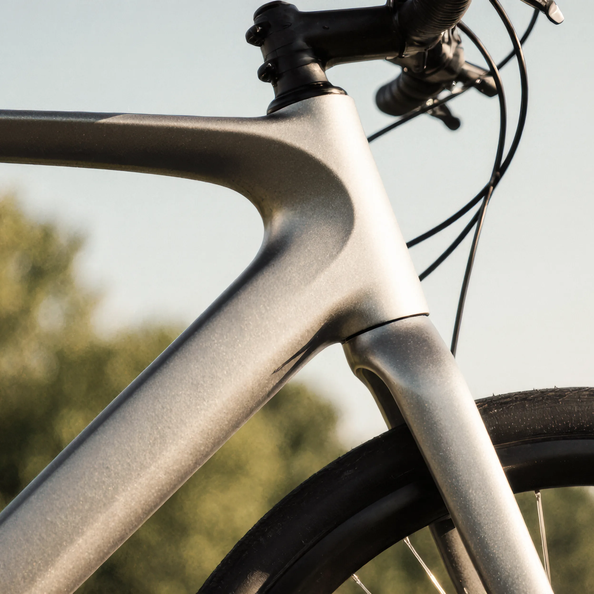 Close-up of a modern bike frame, fork, and front tire against a blurred greenery background.