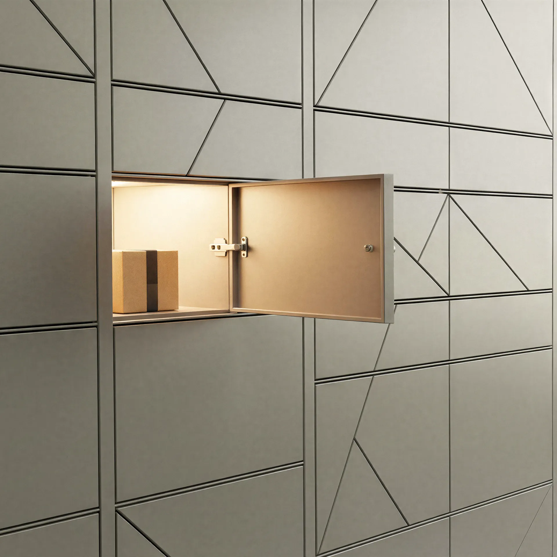 Lit open locker in a geometric wall with a small cardboard package inside.