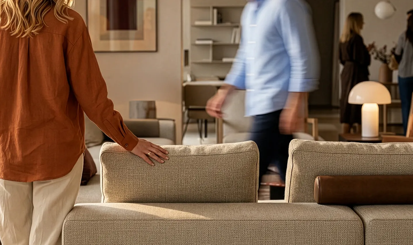 Woman in an orange shirt touching a beige sofa back in a modern living room with people in background.