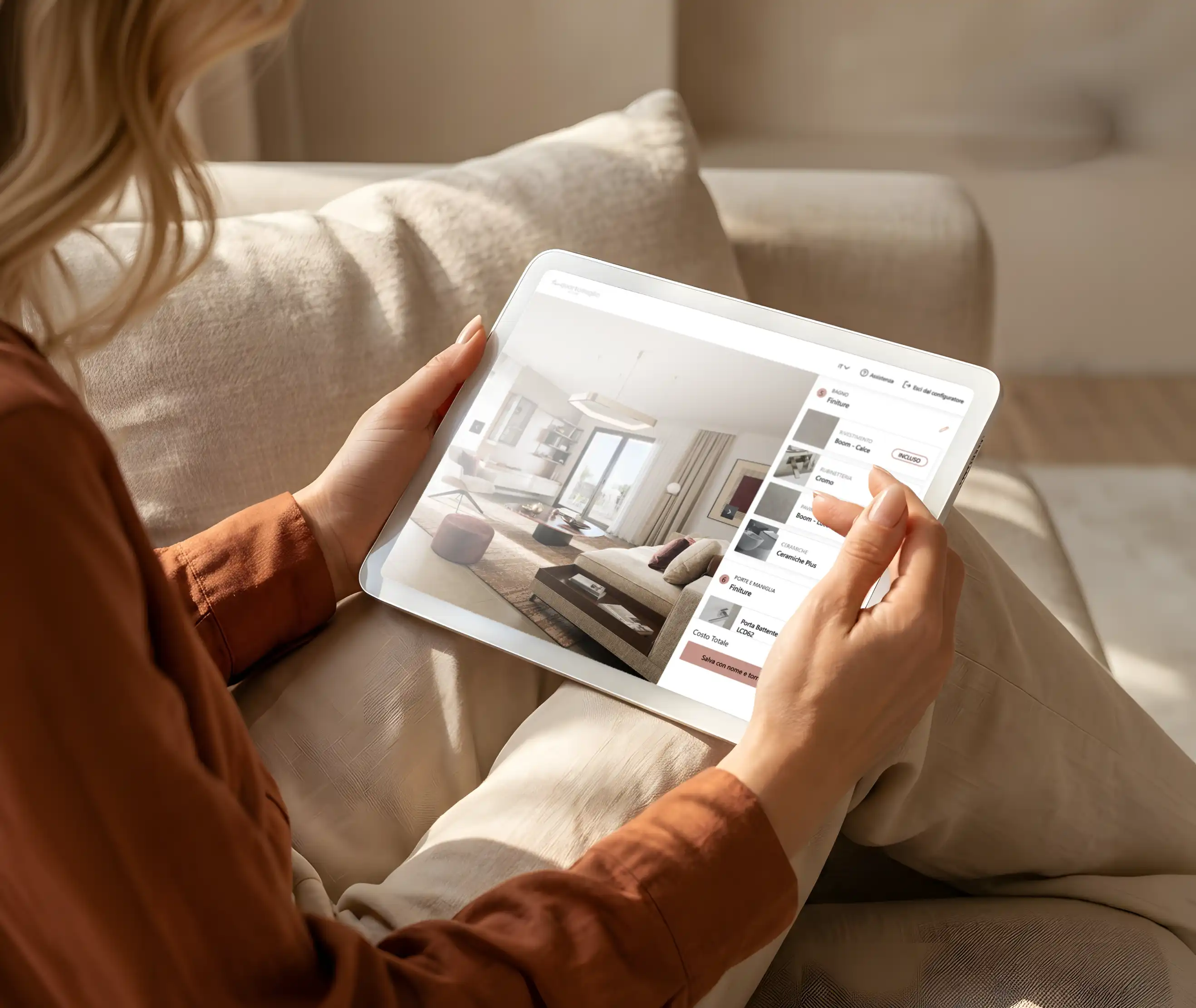 Person holding a tablet displaying a modern living room interior design app with options.