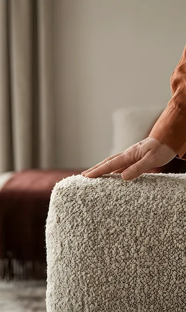 Person's hand touching soft, textured beige fabric on a piece of furniture in a cozy room.