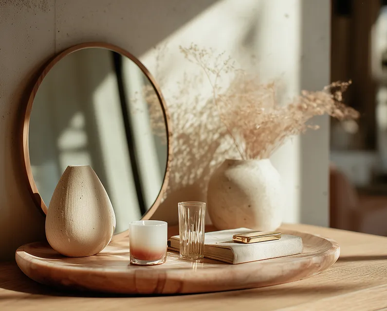 Wooden tray on table with round mirror, ceramic vases, glass cups, book, and dried flowers.