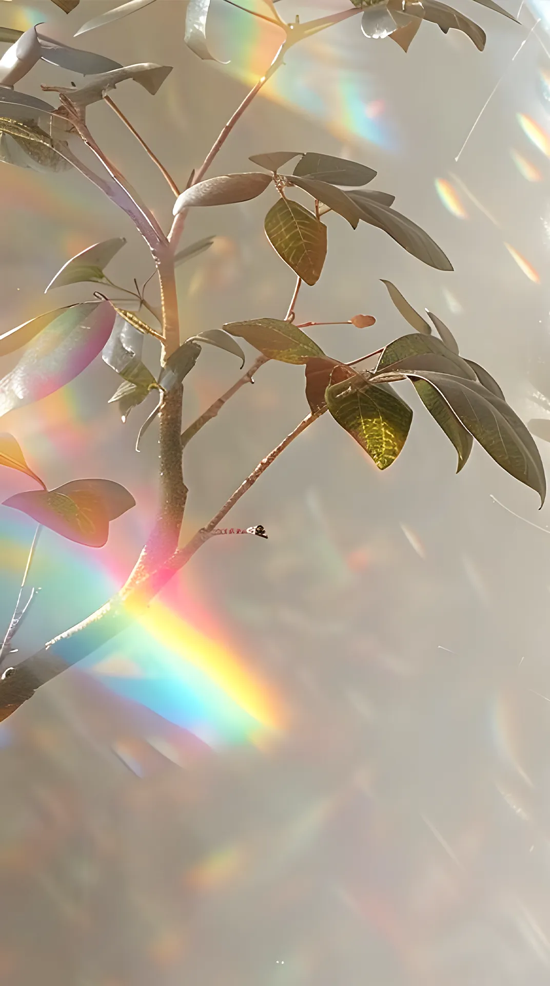 Green leafy branch with soft sunlight creating rainbow lens flare effects on a warm background.