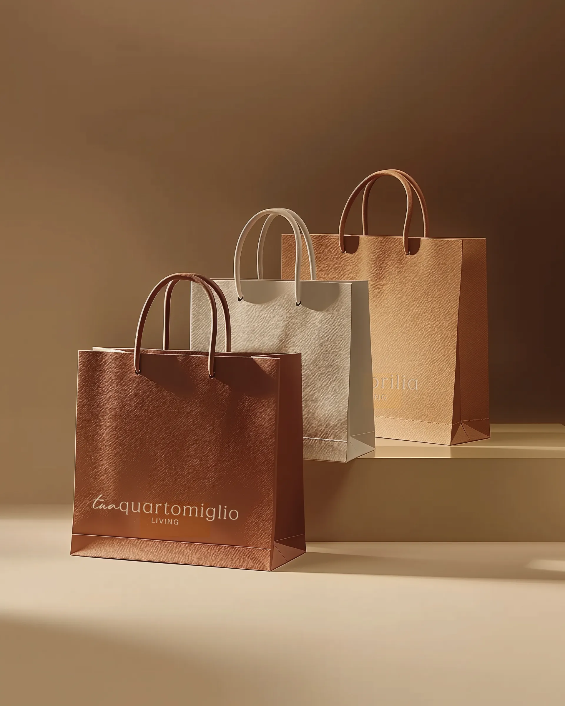 Three elegant shopping bags in brown and beige tones on a beige surface with soft shadows.
