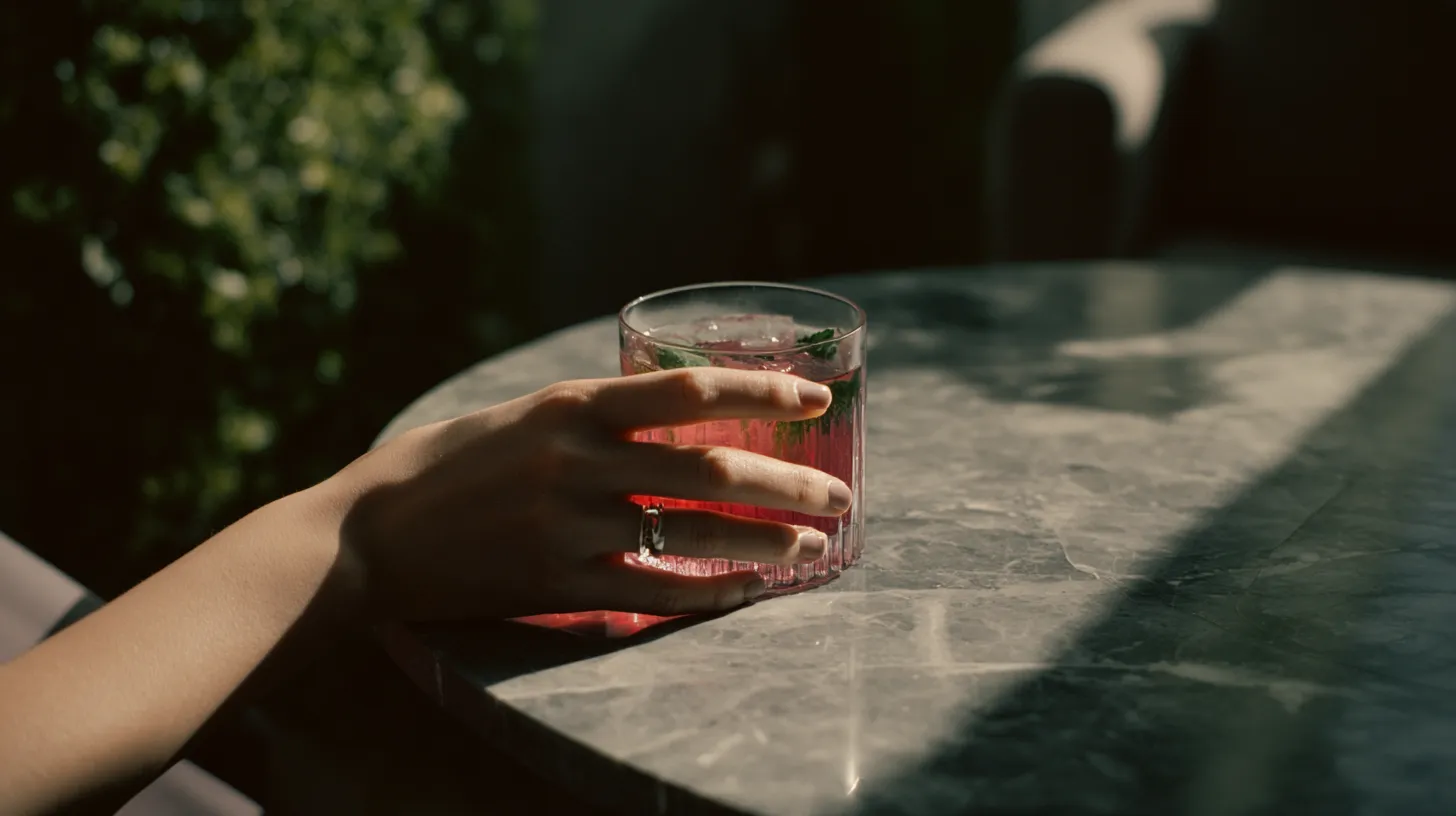 Close-up of a hand holding a glass with a pink drink and ice on a marble table.